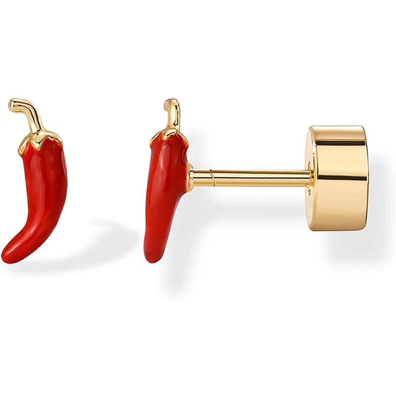 14K Gold Plated Enamel Flatback Stud Earrings for Women Colored Chili Pepper Strawberry Peach Cherry Dainty Piercing Jewelry