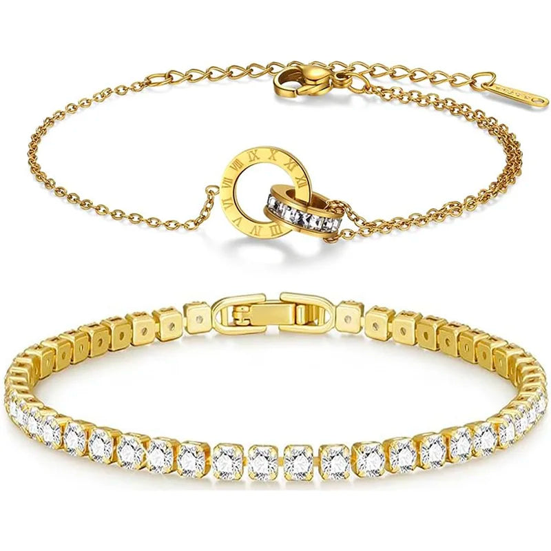 Roman Numeral Rhinestone Gold Color Tennis Bracelet for Women New Stainless Steel Gold Plated Stacked Luxury Charm Bracelets