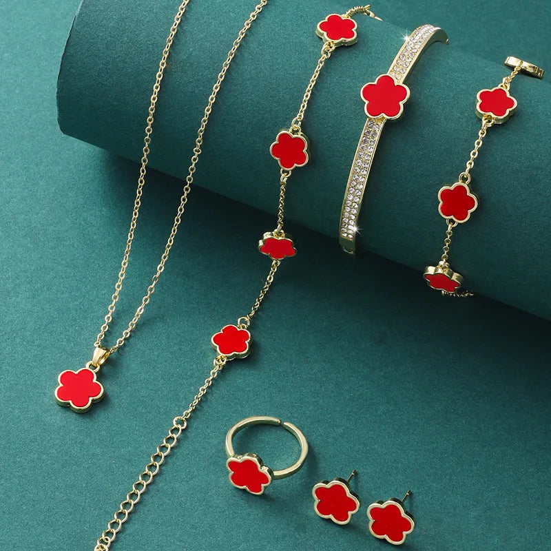 5Pcs Luxury Five-leaf Flower Jewelry Set for Women 2024 Sparkle CZ Bangle Necklace Earrings Bracelet Charming Clover Jewelry