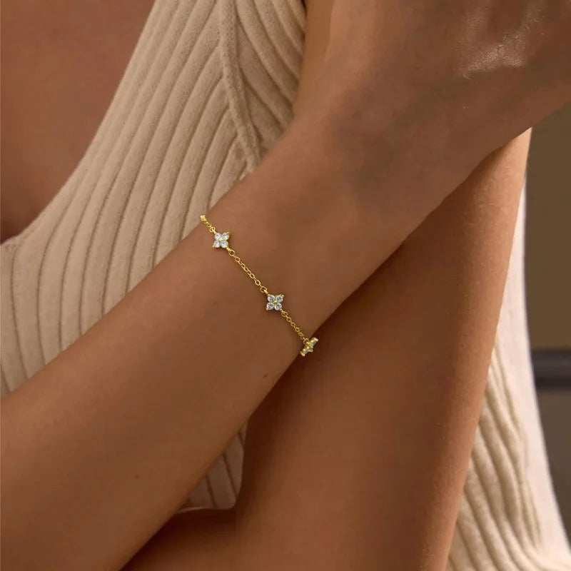 925 Silver Plated Cz Four-leaf Flower Bracelet for Women Girl Cute Dainty Adjustable Link Chain Bracelet Trend 18k Gold Jewelry