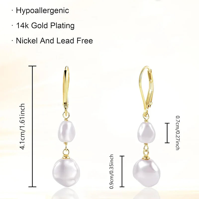 Double Freshwater Pearl Dangle Earrings for Women 14K Gold Plated Irregular Pearl Hypoallergenic Drop Earrings Fine Jewelry Gift