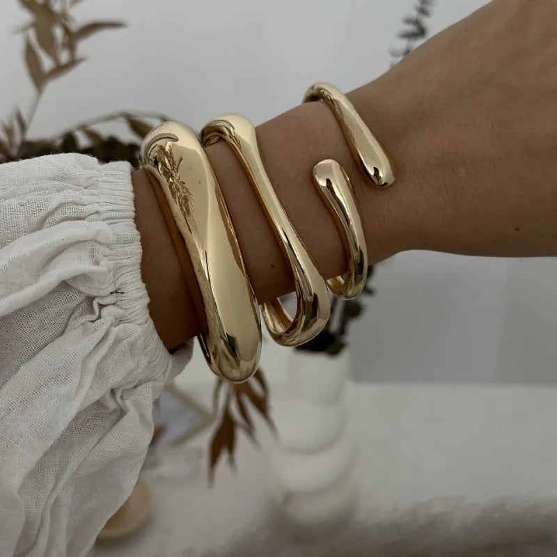Chunky Bangle Bracelets for Women Trendy Gold Silver Color Minimalist Statement Jewelry Hinged Cuff Open Wide Twisted Bangles