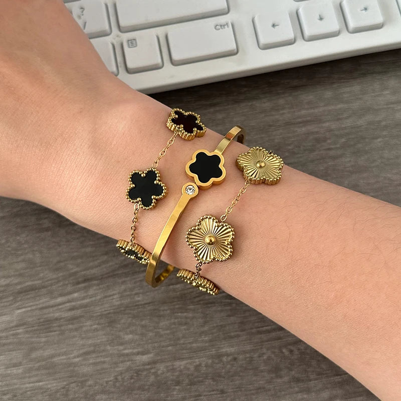3pcs Elegant Flower Bangle Bracelet for Women 2024 New Stainless Steel 18K Gold Plated Fashion Stacking Clover Jewelry Gifts