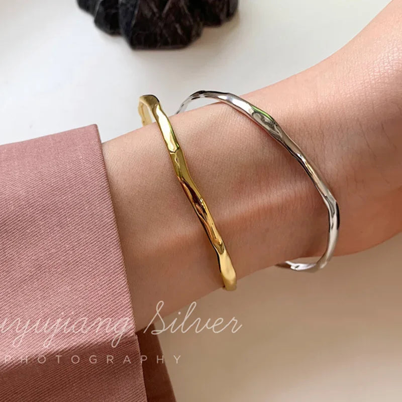 14K Gold Plated Stamp Bangle for Women Stylish Irregular Concave Convex Texture Bracelet Adjustable Open Designer Jewelry Gifts