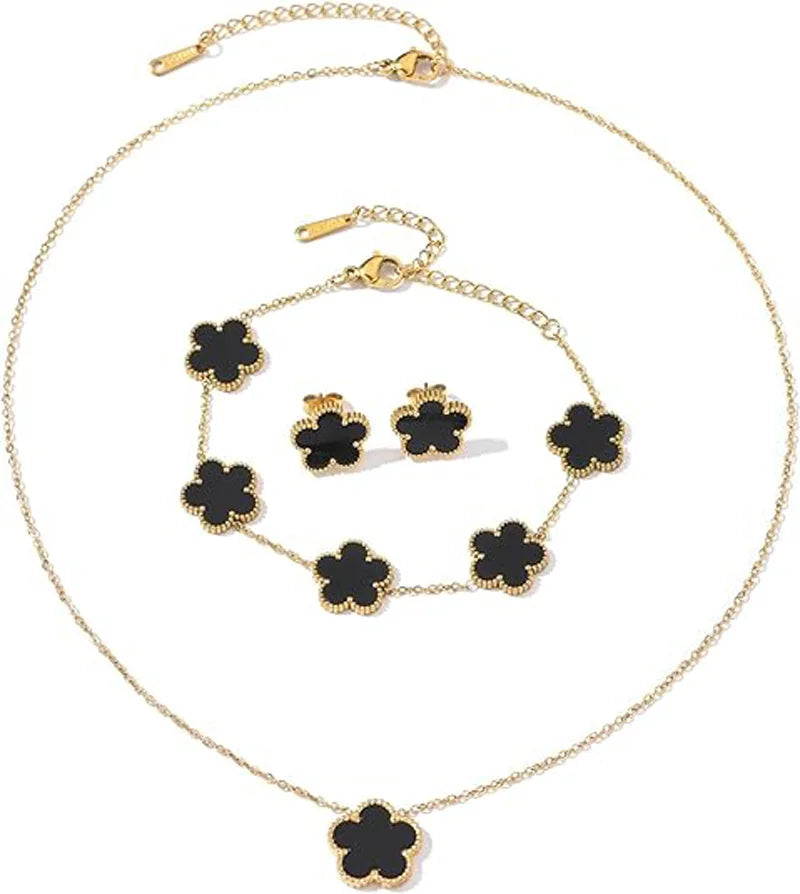 Luxurious Five Leaf Folower Jewelry Set 14K Gold Plated Stainless Steel Black White Gold Silver Color Elegant Clover for Women
