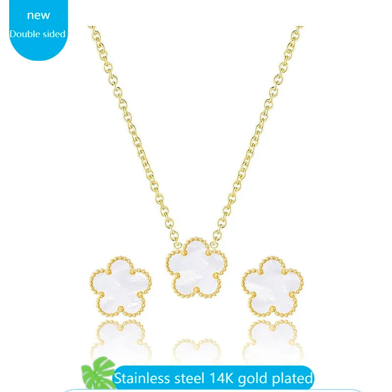 Clover Earrings Necklace Jewelry Sets for Women Five Leaf Flower Gold Plated Earring Necklace 2024 Trend Elegant Party Jewelrly
