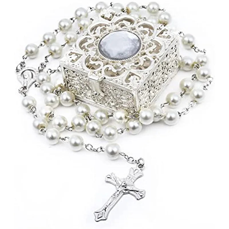 Rosary Beads Catholic Necklace Mary for Men Women Kids First Communion Long Rosary Cross Pendant Necklaces Metal Gift Box New