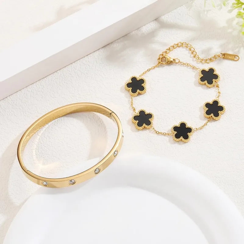 18K Gold Plated Clover Bracelet Love Bangle Set for Women - Stack Friendship Lucky Link Bracelets Stainless Steel Jewelry Gifts