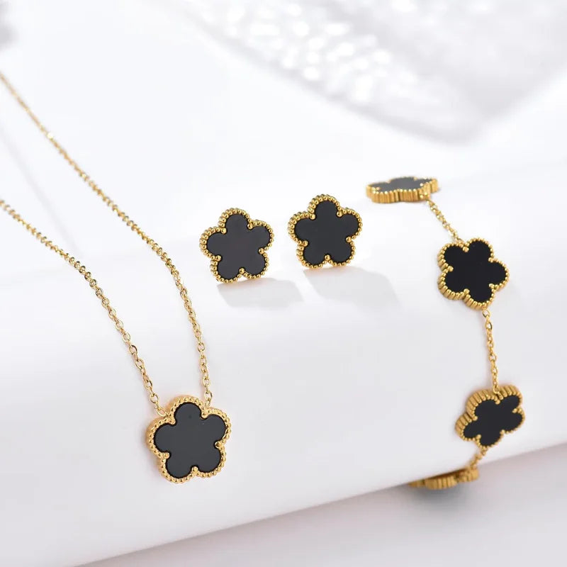 Luxurious Five Leaf Folower Jewelry Set 14K Gold Plated Stainless Steel Black White Gold Silver Color Elegant Clover for Women