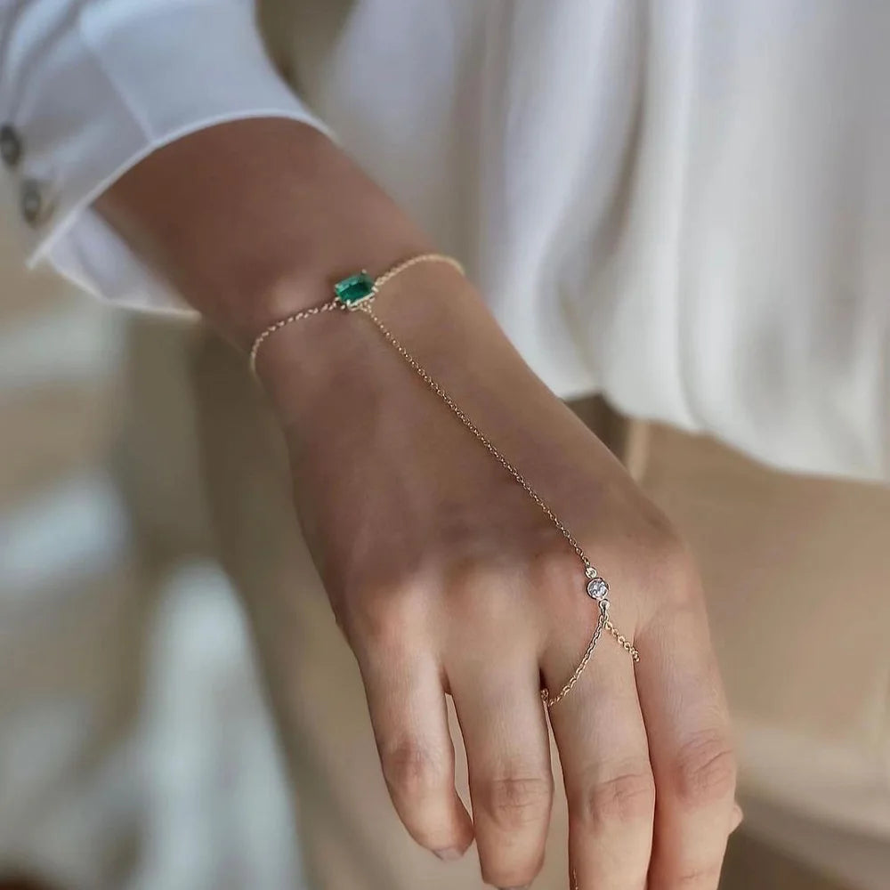 Hand Chain Ring Bracelet for Women Girls 14k Gold Plated Dainty Finger Dainty Slave Bracelets Cubic Zircon Jewelry Gifts