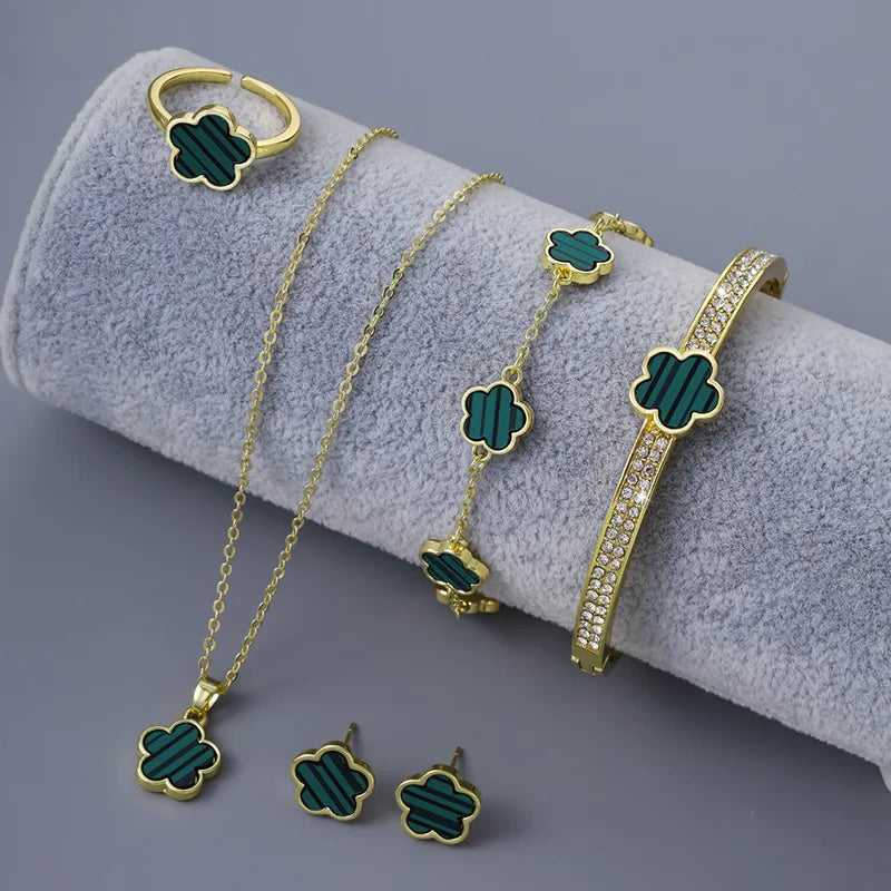 5Pcs Luxury Five-leaf Flower Jewelry Set for Women 2024 Sparkle CZ Bangle Necklace Earrings Bracelet Charming Clover Jewelry