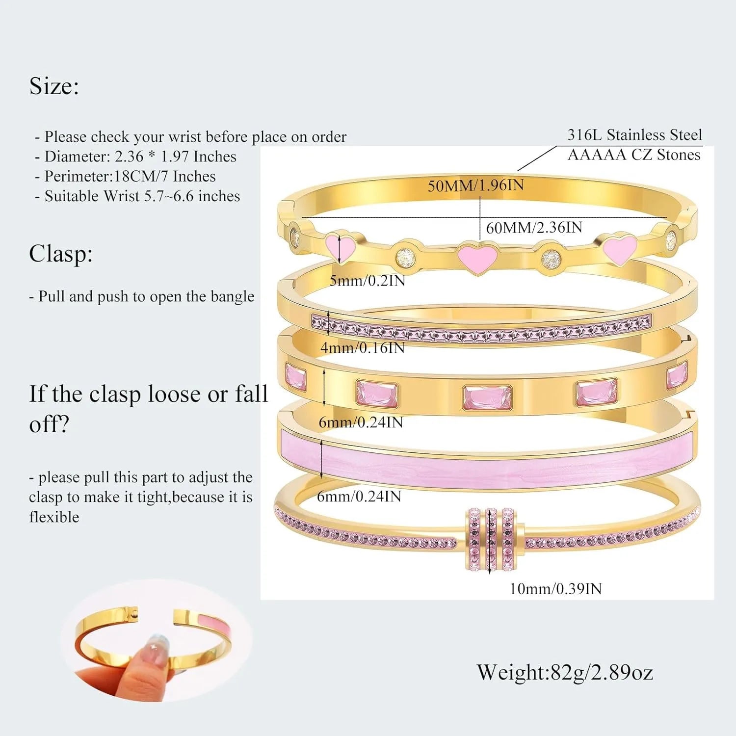Stackable Gold Bangle Bracelet Set for Women - 18K Gold Plated Stainless Steel with Pink Crystal Friendship & Love Heart Bracele