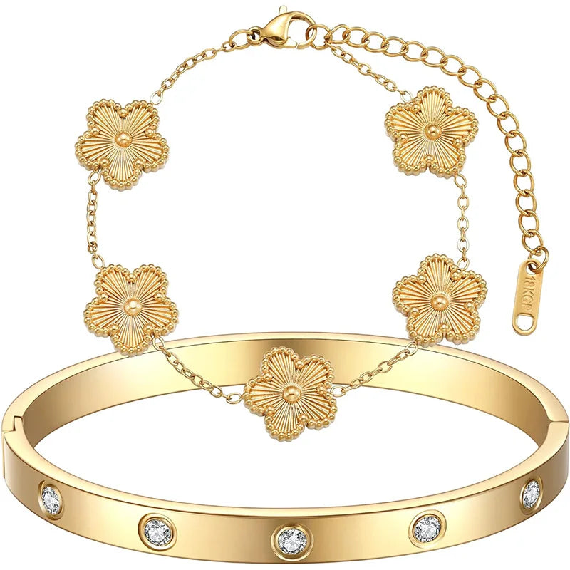 18K Gold Plated Clover Bracelet Love Bangle Set for Women - Stack Friendship Lucky Link Bracelets Stainless Steel Jewelry Gifts