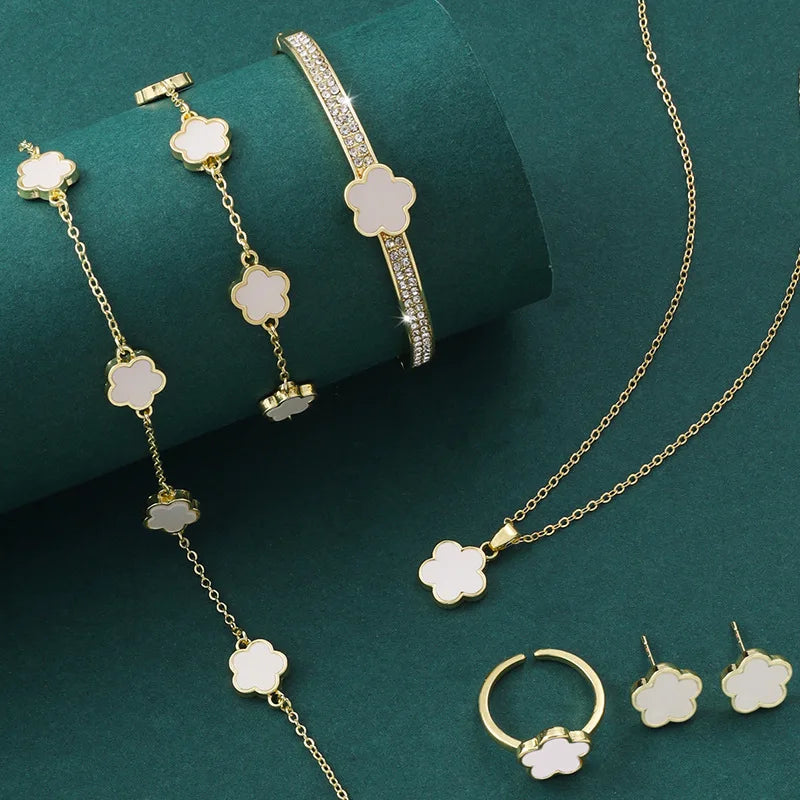 5Pcs Luxury Five-leaf Flower Jewelry Set for Women 2024 Sparkle CZ Bangle Necklace Earrings Bracelet Charming Clover Jewelry