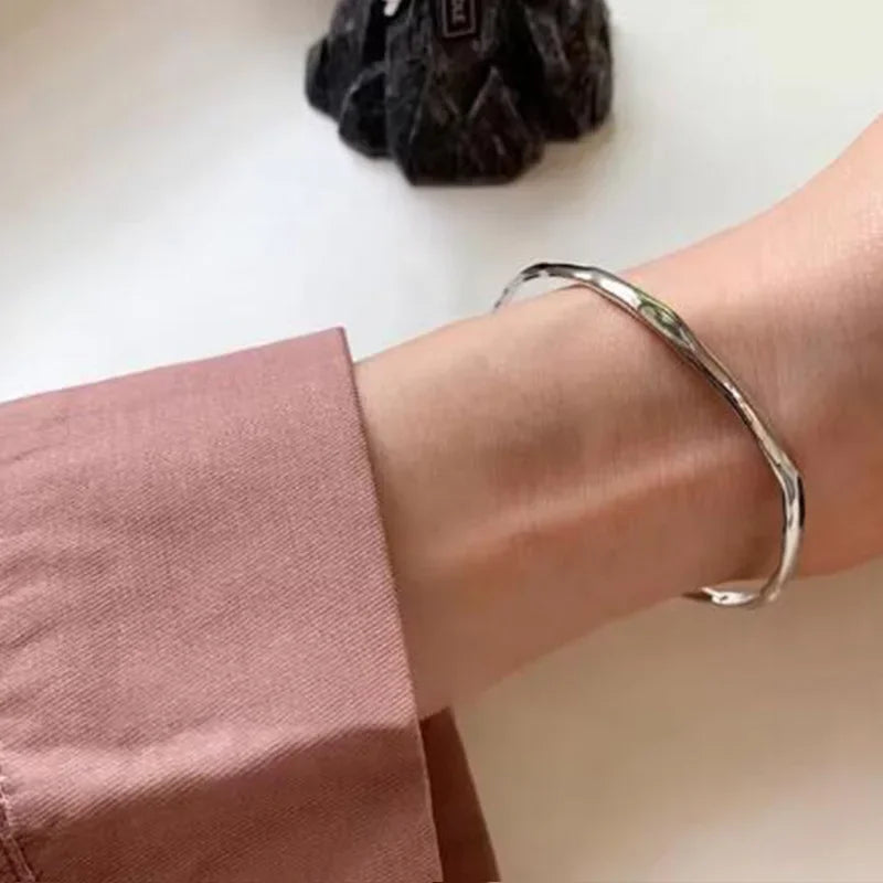 14K Gold Plated Stamp Bangle for Women Stylish Irregular Concave Convex Texture Bracelet Adjustable Open Designer Jewelry Gifts