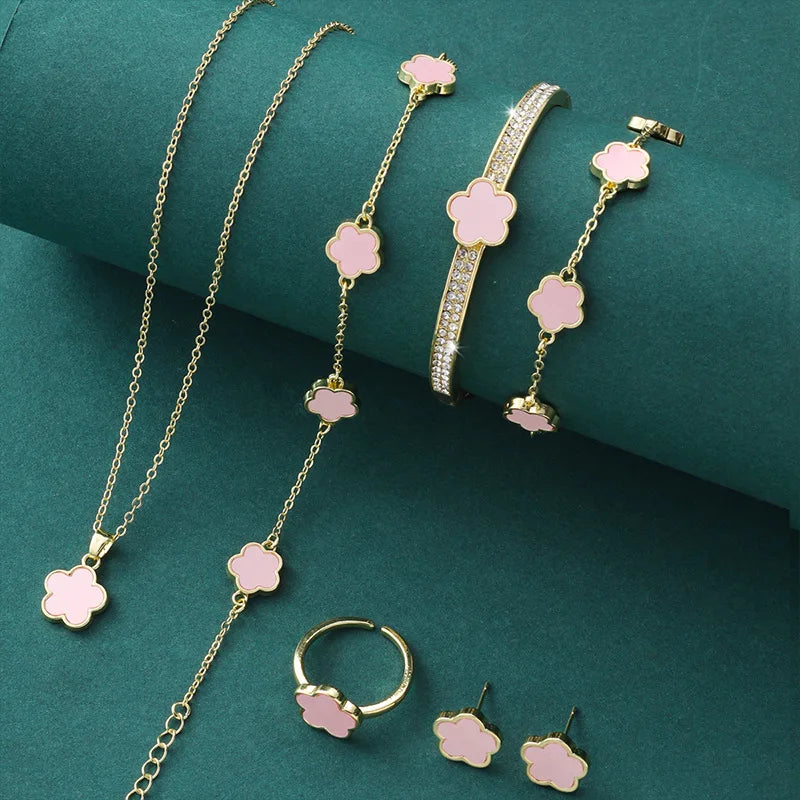 5Pcs Luxury Five-leaf Flower Jewelry Set for Women 2024 Sparkle CZ Bangle Necklace Earrings Bracelet Charming Clover Jewelry