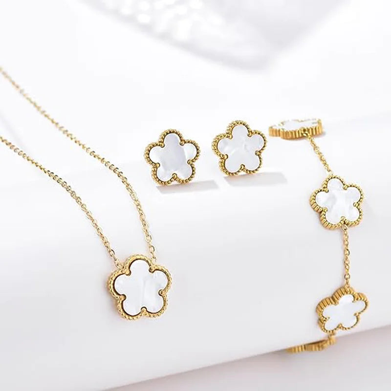 Luxurious Five Leaf Folower Jewelry Set 14K Gold Plated Stainless Steel Black White Gold Silver Color Elegant Clover for Women