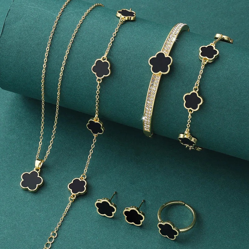 5Pcs Luxury Five-leaf Flower Jewelry Set for Women 2024 Sparkle CZ Bangle Necklace Earrings Bracelet Charming Clover Jewelry