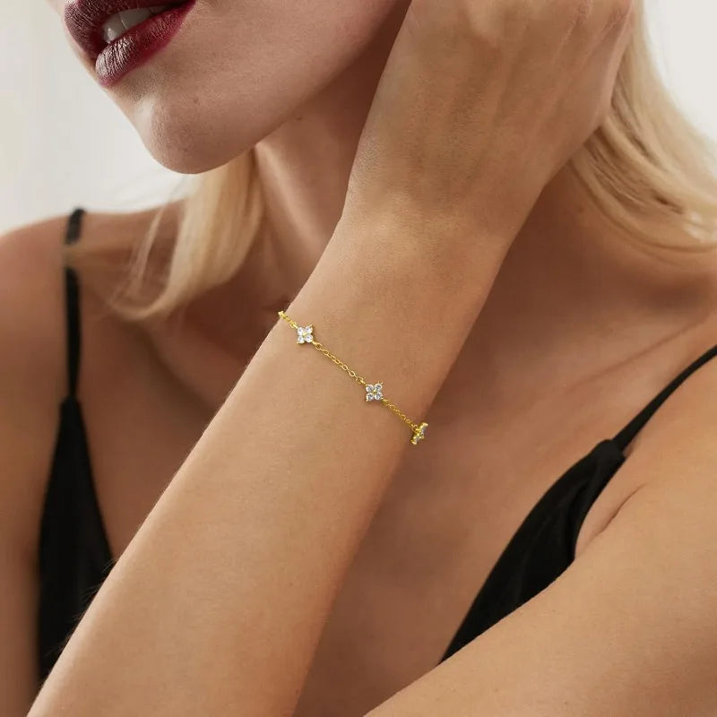 925 Silver Plated Cz Four-leaf Flower Bracelet for Women Girl Cute Dainty Adjustable Link Chain Bracelet Trend 18k Gold Jewelry